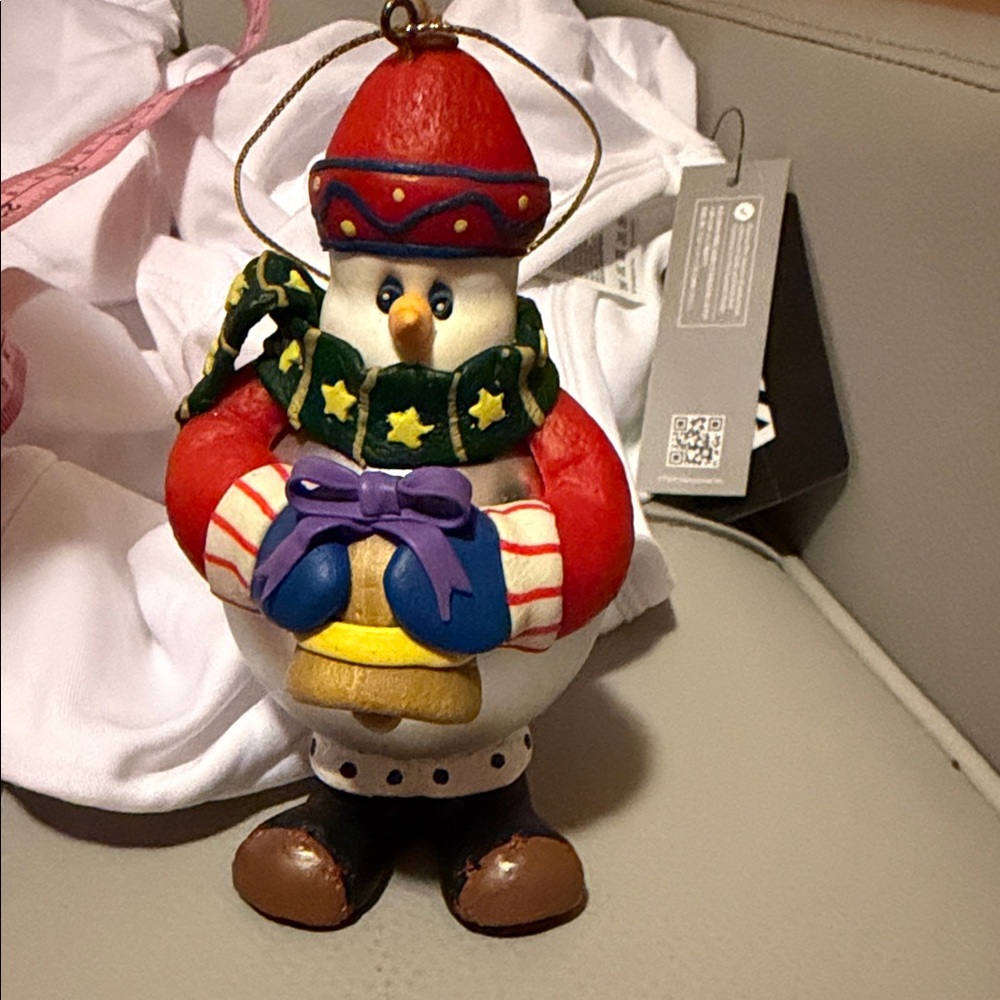 Festive Snowman Ornament with Red and Blue Accents